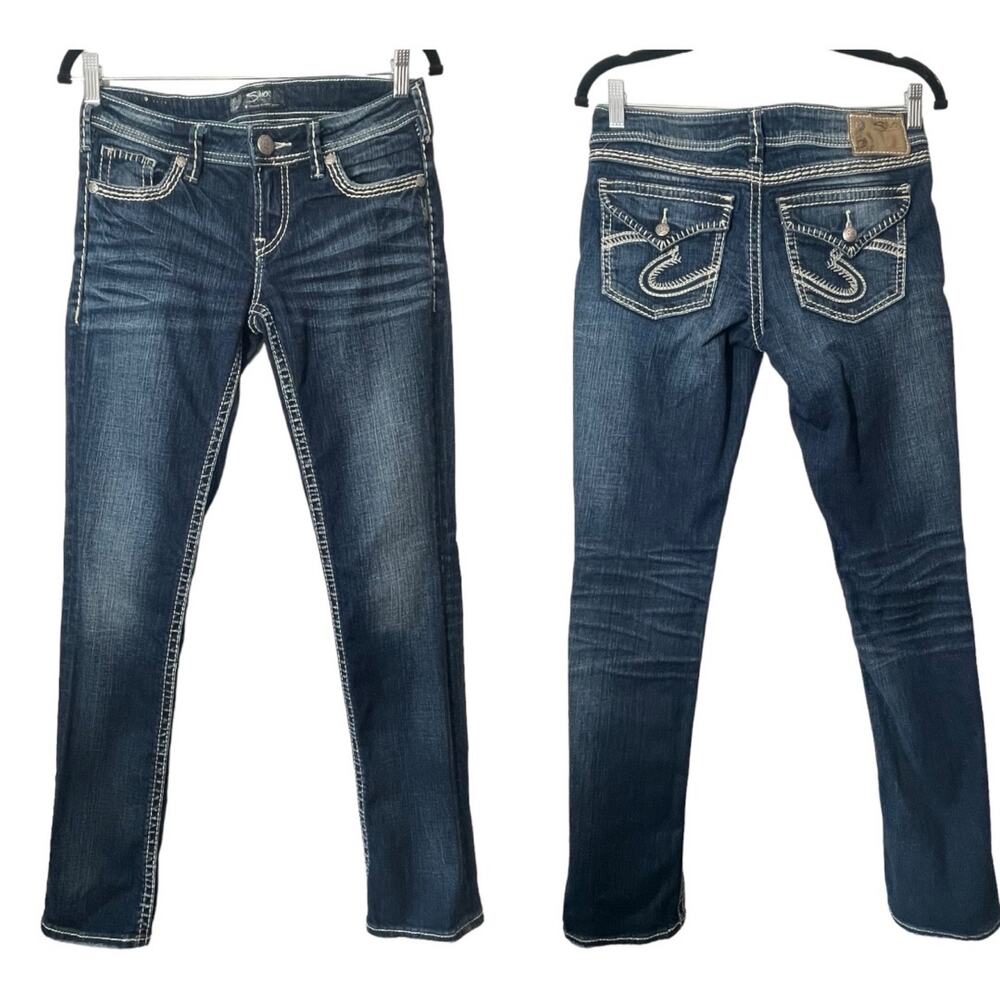 Silver Jeans Berkley Flap Denim Sz 27 Thick Stitch Pocket Straight Leg